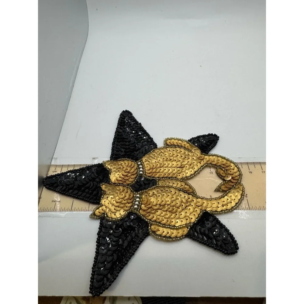 Sequined & Beaded Cats And Star Sew On Patch NOS Gold & Black